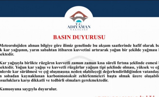 Adıyaman Valiliğinden kar uyarısı 